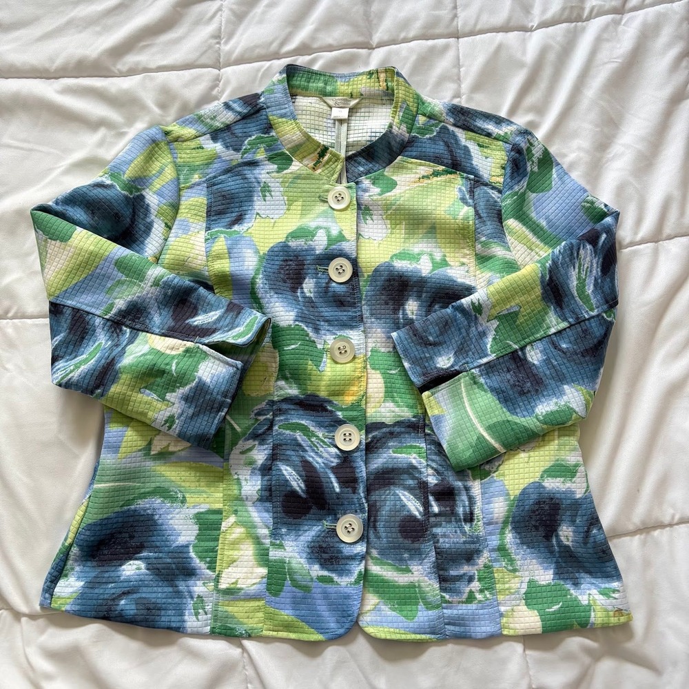 Floral Textured Button Front Jacket Blue Green Womens XL Soft Power Corpcore